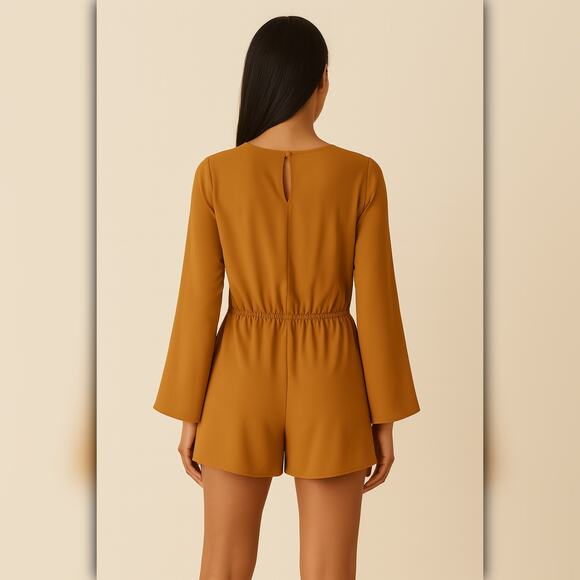 A078 • Caramel Long Sleeve Overlay Romper with Keyhole Back - Picture 2 of 4
